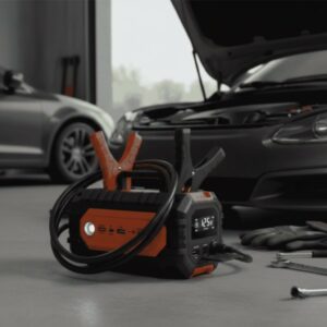 Een robuuste, oranje en zwarte jumpstarter met klemmen en kabels ligt op de vloer van een garage, met een open motorkap van een auto op de achtergrond.