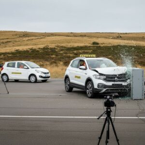 Volkswagen T-Cross en Dongfeng Box crashtest buiten, met T-Cross tegen barrière, glasbreuk.