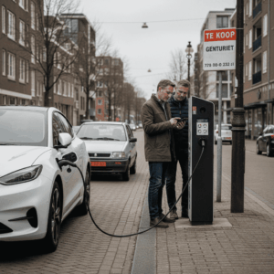 Twee mannen bij een laadpaal die problemen ervaren tijdens het opladen van een elektrische auto in een Nederlandse woonwijk.