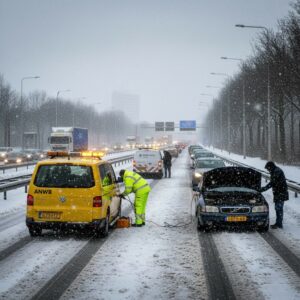 ANWB Wegenwacht helpt automobilist met pech op besneeuwde snelweg tijdens winterweer