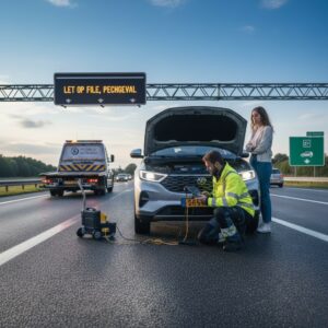 Monteur verleent pechhulp aan elektrische auto langs de snelweg terwijl bestuurder toekijkt