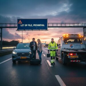 Automobilist met lekke band op snelweg krijgt hulp van pechhulpdienst bij pechgeval in Nederland. hierbij heeft hij de pechhulp gebeld.