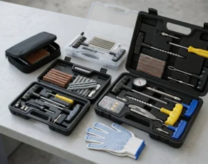 Vergelijking van meerdere autoband reparatiesets met proppensets en gereedschap voor het repareren van een lekke band