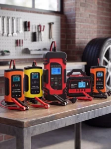 top 5 beste acculaders voor auto naast elkaar op werkbank in garage