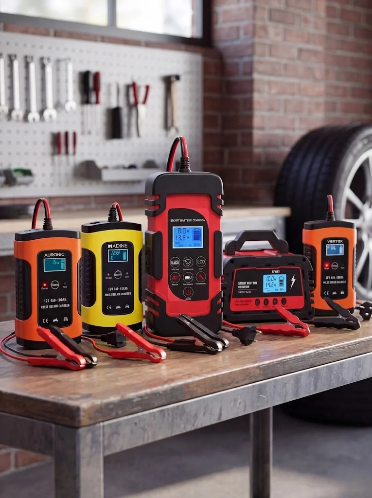 top 5 beste acculaders voor auto naast elkaar op werkbank in garage