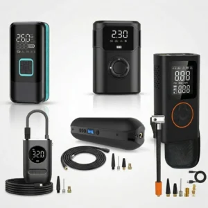 Vijf draagbare compressoren voor autobanden met accessoires op een lichte achtergrond