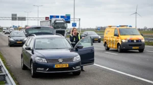 Auto met pech langs de weg terwijl bestuurder hulp belt voor pechhulp