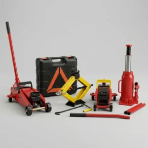 Overzicht van vijf autokrikken naast elkaar, waaronder een hydraulische garagekrik, schaarkrik, elektrische autokrik en potkrik voor bandenwissel en auto onderhoud