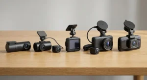 Vijf verschillende dashcams voor auto naast elkaar op tafel, waaronder modellen voor en achter met scherm en extra camera’s.