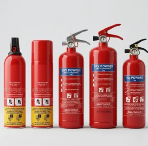 Vijf verschillende brandblussers voor in de auto naast elkaar waaronder sprayblussers en poederblussers van 1kg en 2kg