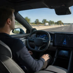 Moderne elektrische auto rijdt zelfstandig op de snelweg
