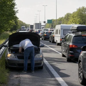 Auto met pech langs drukke snelweg tijdens Hemelvaartverkeer
