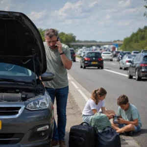 Automobilist belt pechhulp naast een auto met open motorkap langs een drukke snelweg.