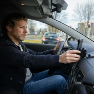 Automobilist zet smartphone in houder voor vertrek om afleiding in het verkeer te beperken.