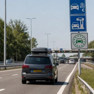Auto met dakkoffer rijdt op een Europese snelweg langs borden voor tolwegen en milieuzones tijdens de zomervakantie
